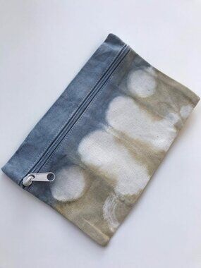 NWT Handmade Shibori Tie Dyed Zipper Pouch: Cotton Canvas Travel Bag, Blue Green